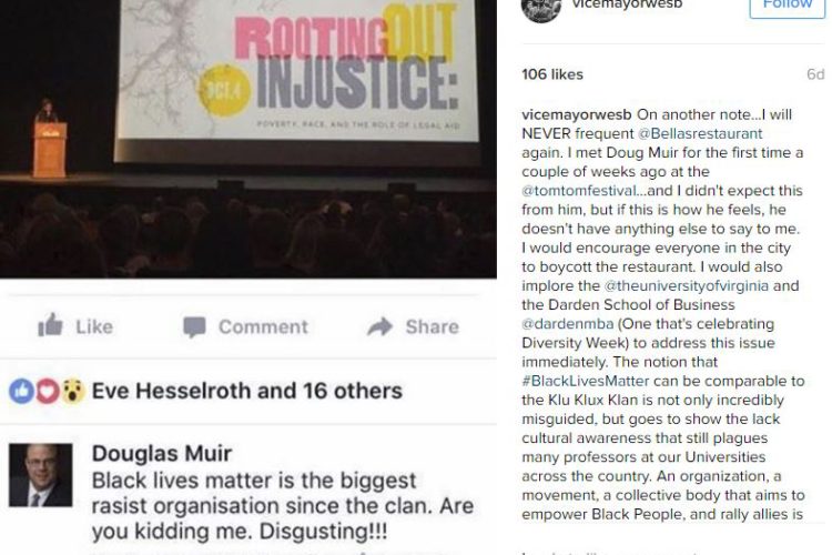 City Official Boycotts University of Virginia Lecturer’s Restaurant after Comparing Black Lives Matter to the KKK